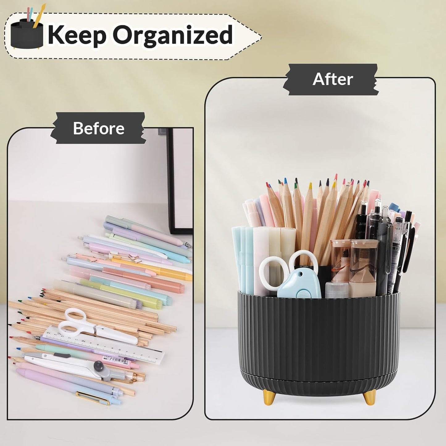 SKYDUE 360 Degree Rotating Desk Organizer, Dual-Purpose Pencil Pen Holder for Desktop, Rotating Desk Pen Organizer with 5 Slots, Office Supplies, Pencil Cup for Office, School, Home