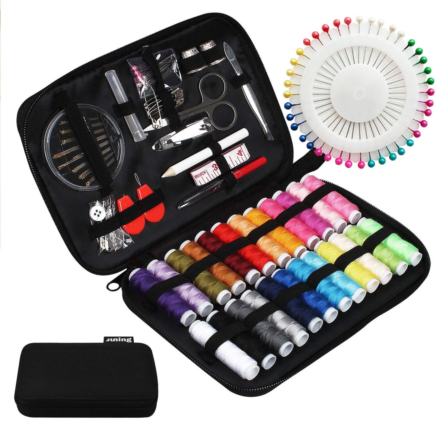 JUNING Sewing Kit with Case Portable Sewing Supplies for Home Traveler, Adults, Beginner, Emergency, Contains Thread, Scissors, Needles,Measuring Tape